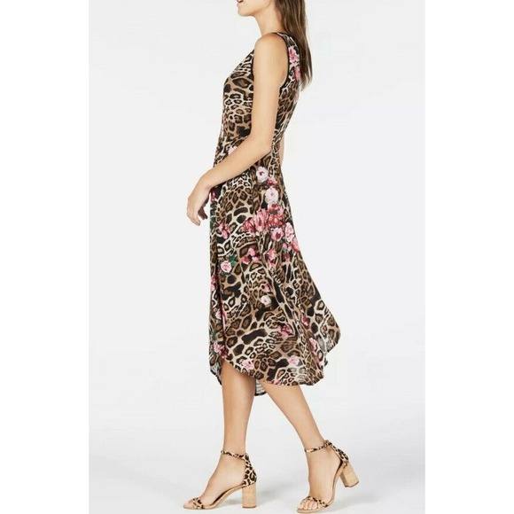 INC Womens New Brown Printed V Neck Sleeveless Midi Trapeze Dress 10 - Picture 3 of 10